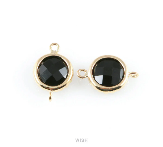 Jet Faceted Glass Connector in Gold, Framed Round Connector / GJTG-008-P