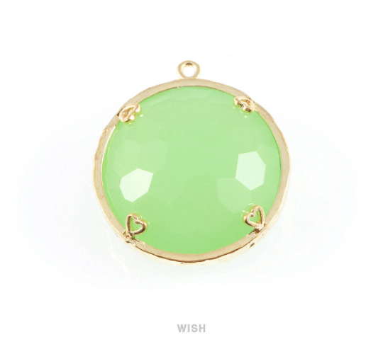 1 piece of Light Mint Faceted Glass Charms in Gold, Framed Round Pendant / GLMG-011-P