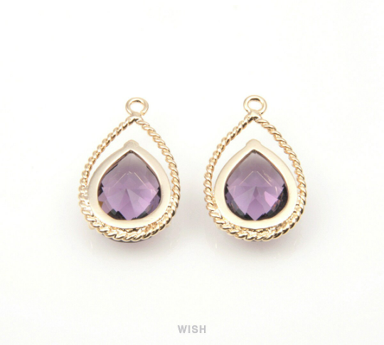 Amethyst Teardrop Glass Charm in Gold, Framed Drop Glass Gem /GTZG-094-P
