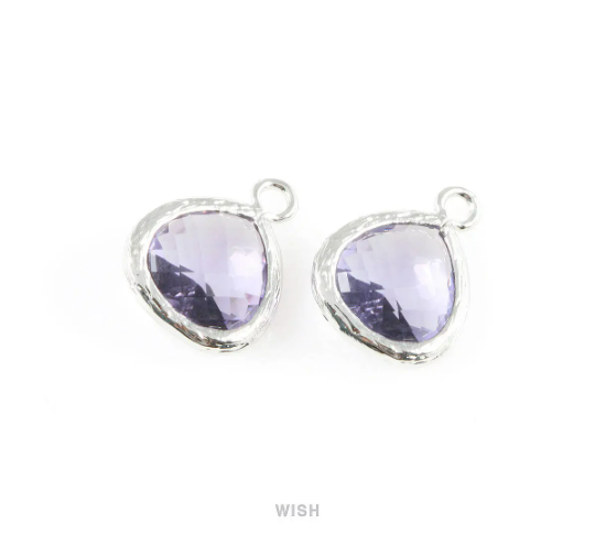 Amethyst Faceted Glass Charm in Rhodium, Framed Drop Glass Bead / GTZRH-003-P (Small)