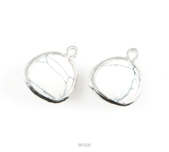 Howlite Faceted Gemstone Charm in Rhodium, Framed Pear Gemstone Pendant / SHTRH-004-P