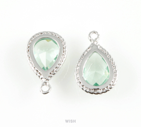 Erinite Teardrop Glass Charm in Rhodium, Framed Drop Glass Gem / GERRH-006-P