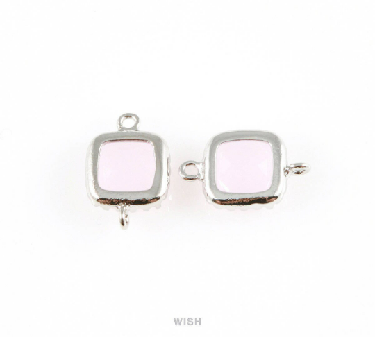 Rose Quartz Faceted Glass Connector in Rhodium, Framed Square Connector/ GRQRH-007-P