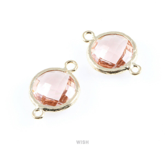 Peach faceted Glass Connector in Gold, Framed Round Glass Bead / GPCG-014-P
