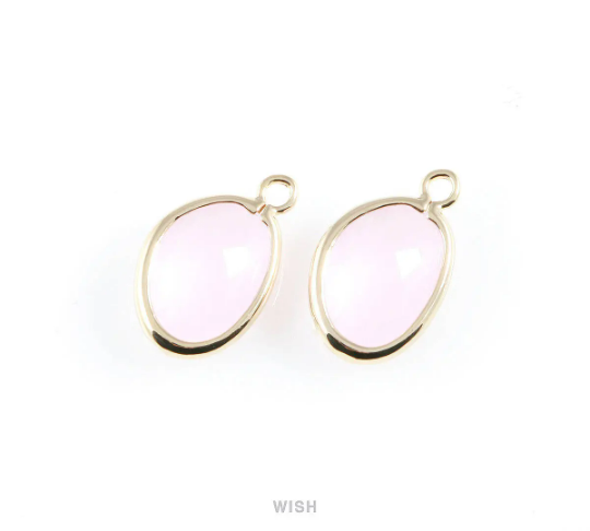 Rose Quartz Pear Glass Charm in Gold, Glass Framed Pendant / GRQG-040-P