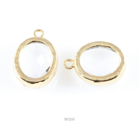 Clear Faceted Glass Charms in Gold, Framed Oval Pendant / GCLG-009-P