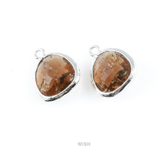 Smokey Quartz Sparkle Glass Charm in Rhodium, Framed Drop Glass Bead / GSQRH-013-P