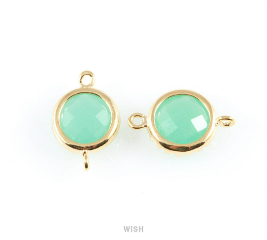 Mint Faceted Glass Connector in Gold, Framed Round Connector /GMTG-008-P