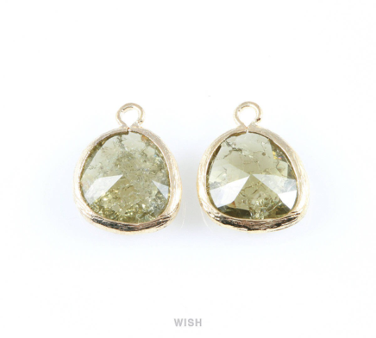 Olivine Sparkle Glass Charm in Rhodium, Framed Drop Glass Bead / GOVRH-013-P