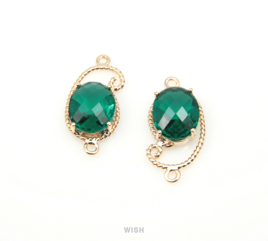 Emerald Oval Glass Charm in Gold, Framed Drop Glass Gem / GEMG-096-P