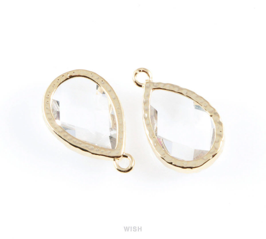 Clear Teardrop Glass Charm in Gold, Framed Drop Glass Gem/ GCLG-037-P