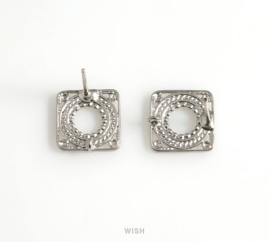Square Stud Earrings in Matte Rhodium, Oriental Patterned Square Ear Studs / MMRH-606-E