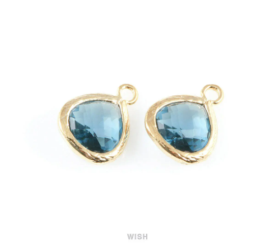 Montana Blue Faceted Glass Charm in Gold, Framed Glass Gem /GMBG-003-P (Small)