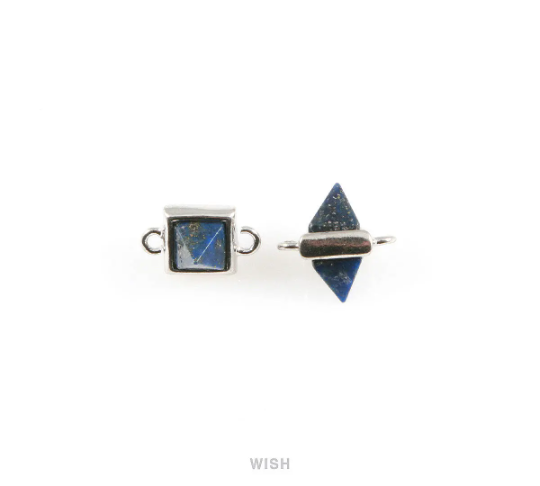 Lapis Lazuli Pyramid Stone Charm in Rhodium, Gemstone Framed Pendant / SLLRH-050-P