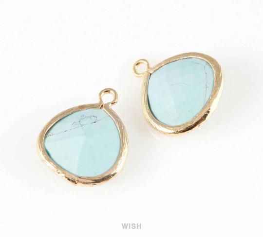 Turquoise Faceted Glass Charm in Gold, Framed Glass Bead / GTQG-001-P
