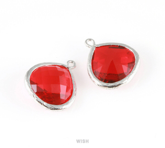 Garnet Faceted Glass Charm in Rhodium, Framed Drop Glass Bead /GGNRH-001-P (Large)