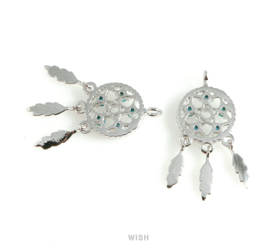 Turquoise Dreamcatcher Pendants in Rhodium, Dreamcatcher Charm / MRH-441-P
