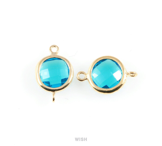 Capri Blue Faceted Glass Connector in Gold, Framed Round Connector / GCBG-008-P