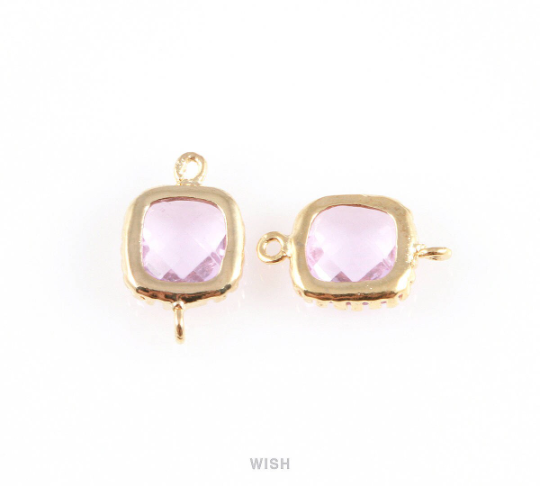 Light Amethyst Faceted Glass Connector in Gold, Framed Square Connector / GLDG-007-P