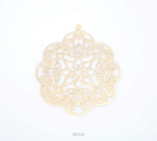 Flat Floral Pattern Filigree Pendants in Rhodium, Flower Charms / MRH-061-P