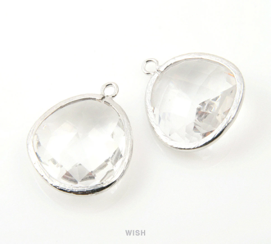 Clear Faceted Glass Charm in Rhodium, Framed Glass Gem / GCLRH-101-P (Large)
