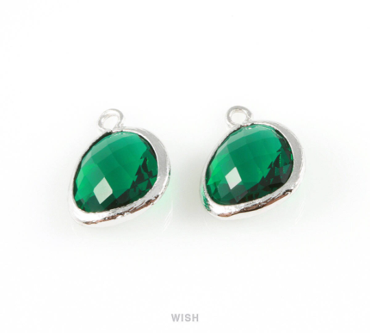 Emerald Faceted Glass Charm in Rhodium, Framed Drop Glass Gem / GEMRH-004-P (Medium)