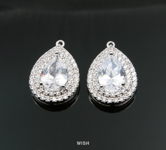 Teardrop Cubic Zirconia Pendants in Rhodium, Sub Rheinstone, Drop Cubic Charm / CRH-049-P