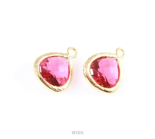 Ruby Faceted Glass Charm in Gold, Framed Drop Glass Bead / GRBG-003-P (Small)