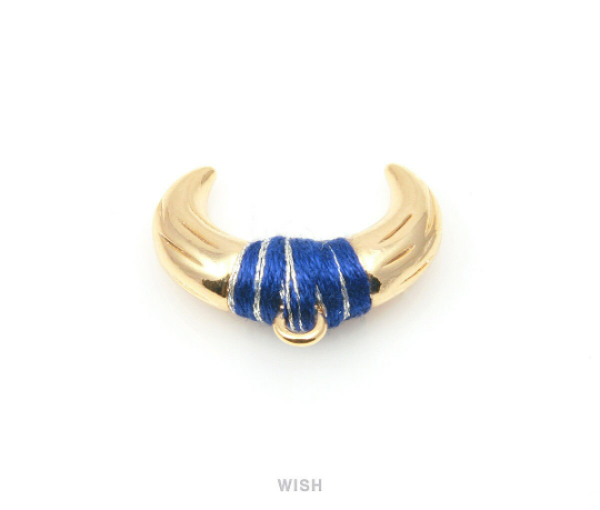 Metal Horn Pendant in Gold with Navy Strap, 16k Gold Bull's Horn Charm/ MNVG-004-P (Large)