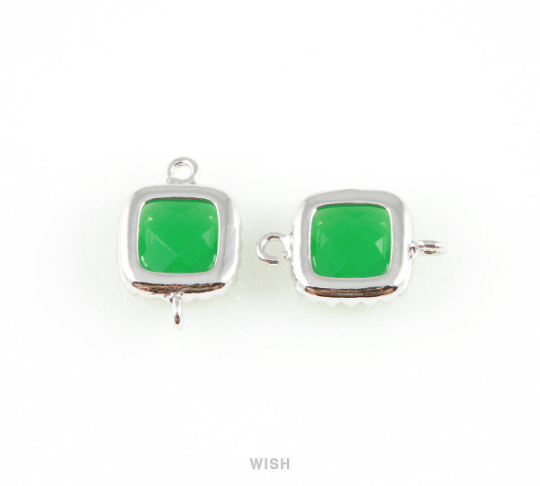Palace Green Faceted Glass Connector in Rhodium, Framed Square Connector / GPGRH-007-P