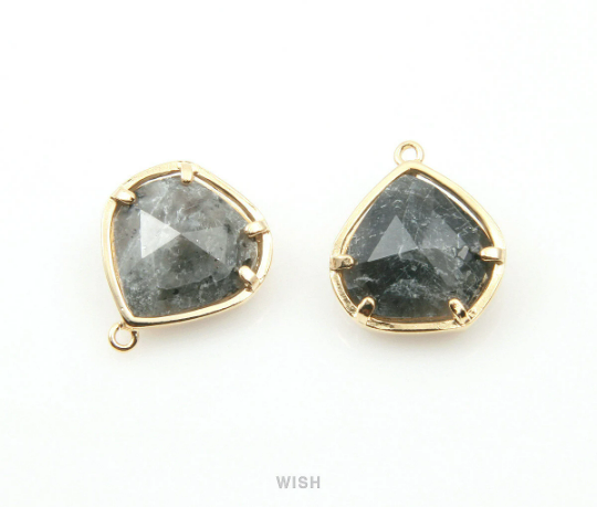 Black Marble Faceted Gemstone Charm in Gold, Framed Pear Gemstone Pendant / SBMG-084-P