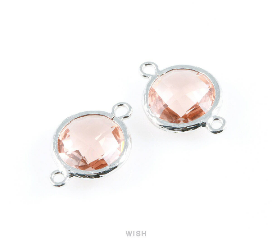 Peach faceted Glass Connector in Rhodium, Framed Round Glass Bead/ GPCRH-014-P