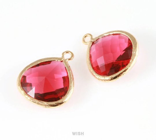 Ruby Faceted Glass Charm in Gold, Framed Drop Glass Bead / GRBG-001-P (Large)