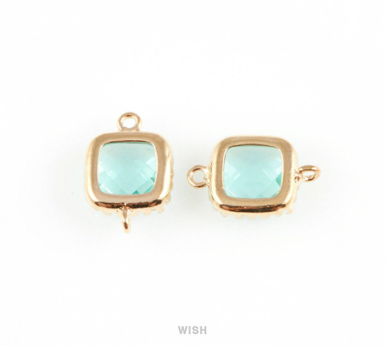 Aquamarine Faceted Glass Connector in Gold, Framed Square Connector/ GAQG-007-P