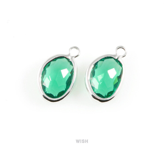 Emerald Pear Glass Charm in Rhodium, Glass Framed Pendant / GEMRH-040-P