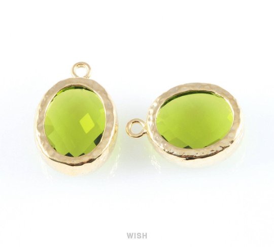 Dark Apple Faceted Glass Charms in Gold, Framed Oval Pendant / GDAG-009-P