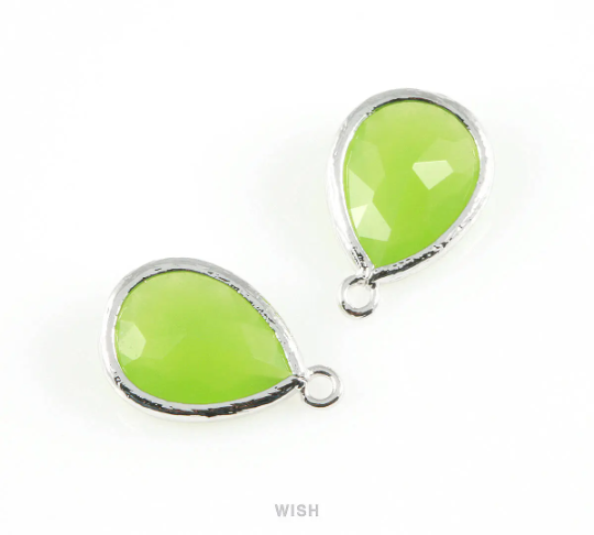 Peridot Teardrop Glass Charm in Rhodium, Framed Drop Glass Gem / GPDRH-005-P
