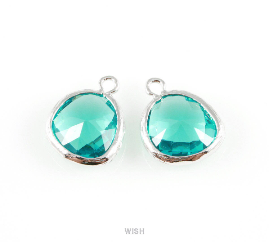Blue Zircon Faceted Glass Charm in Gold, Framed Drop Glass Gem / GBZG-004-P (Medium)