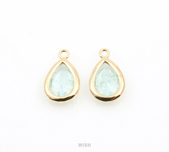 Erinite Teardrop Sparkle Glass Charm in Gold, Framed Drop Glass Gem / GERG-089-P