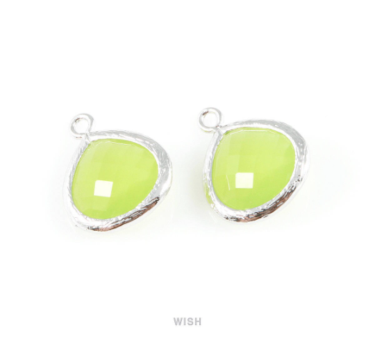 Peridot Faceted Glass Charm in Gold, Framed Drop Glass Bead / GPDG-002-P (Medium)
