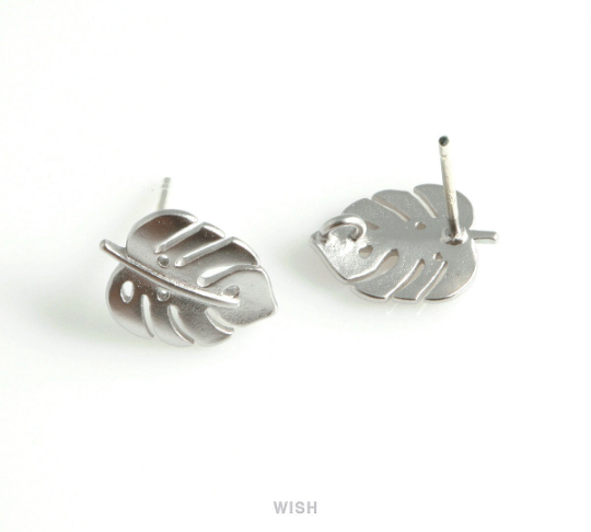 Monstera Leaf Stud Earrings in Matte Rhodium, Monstera Leaf Ear Studs / MMRH-435-E