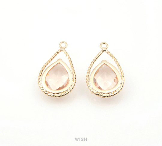 Peach Teardrop Glass Charm in Gold, Framed Drop Glass Gem / GPCG-094-P