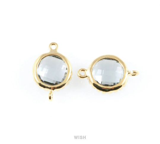 Charcoal Faceted Glass Connector in Gold, Framed Round Connector/ GCCG-008-P