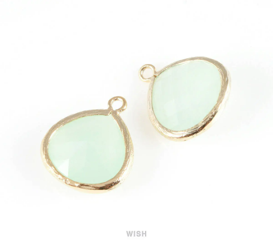 Alice Blue Faceted Glass Charm in Gold, Framed Drop Glass Bead /GABG-001-P (Large)