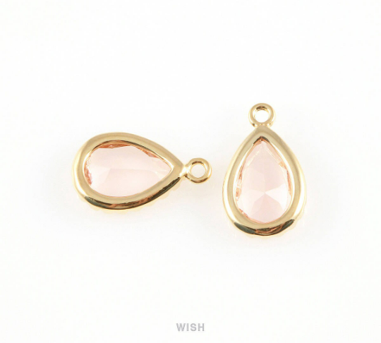 Peach Teardrop Glass Charm in Gold, Framed Drop Glass Gem / GPCG-017-P