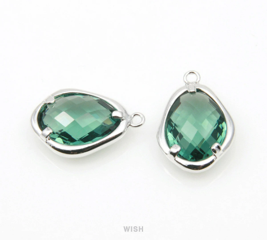 Green Tourmaline Faceted Glass Charms in Rhodium, Framed Pendant / GGTRH-085-P