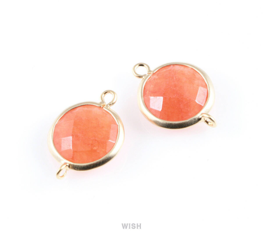Amber Color Faceted Stone Charms in Matte Gold, Framed Round Connectors / SAMMG-028-C