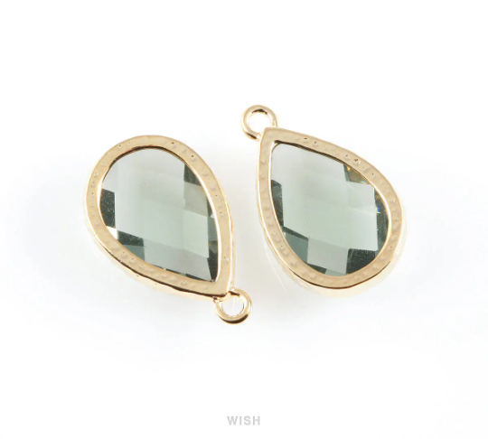 Charcoal Teardrop Glass Charm in Gold, Framed Drop Glass Gem / GCCG-037-P