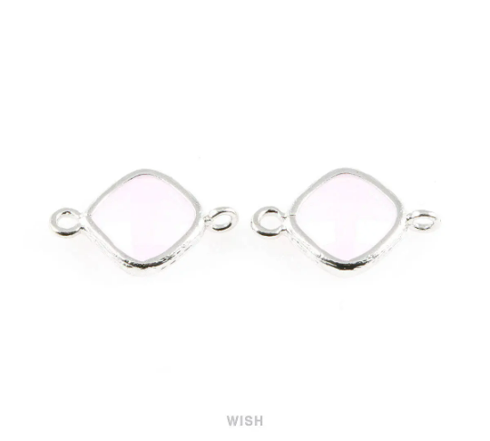 Rose Quartz Rhombus Glass Connector in Rhodium, Framed Rhombus Connector /GRQRH-021-P