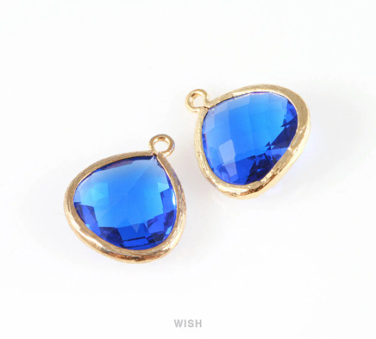 Cobalt Blue Faceted Glass Charm in Gold, Framed Drop Glass Bead / GCTG-001-P (Large)